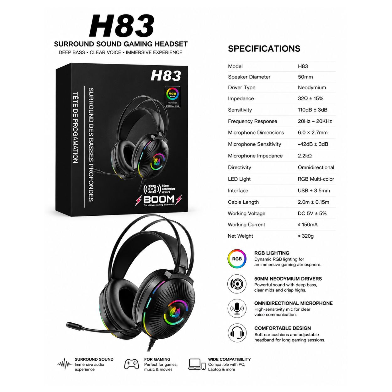 H83 Surround Sound Gaming Headset
