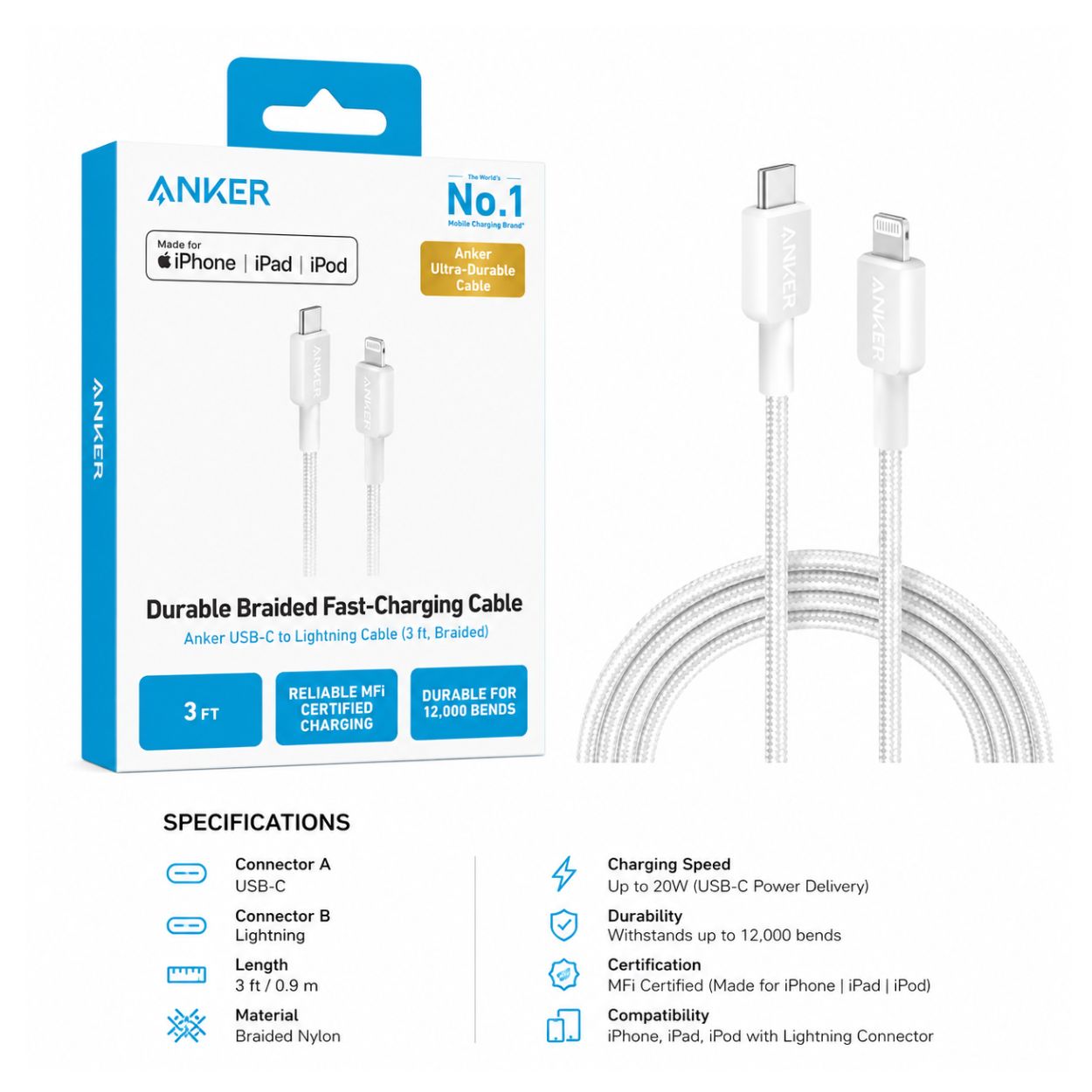 ANKER USB-C to Lightning Cable (3ft, Braided) - Image 3