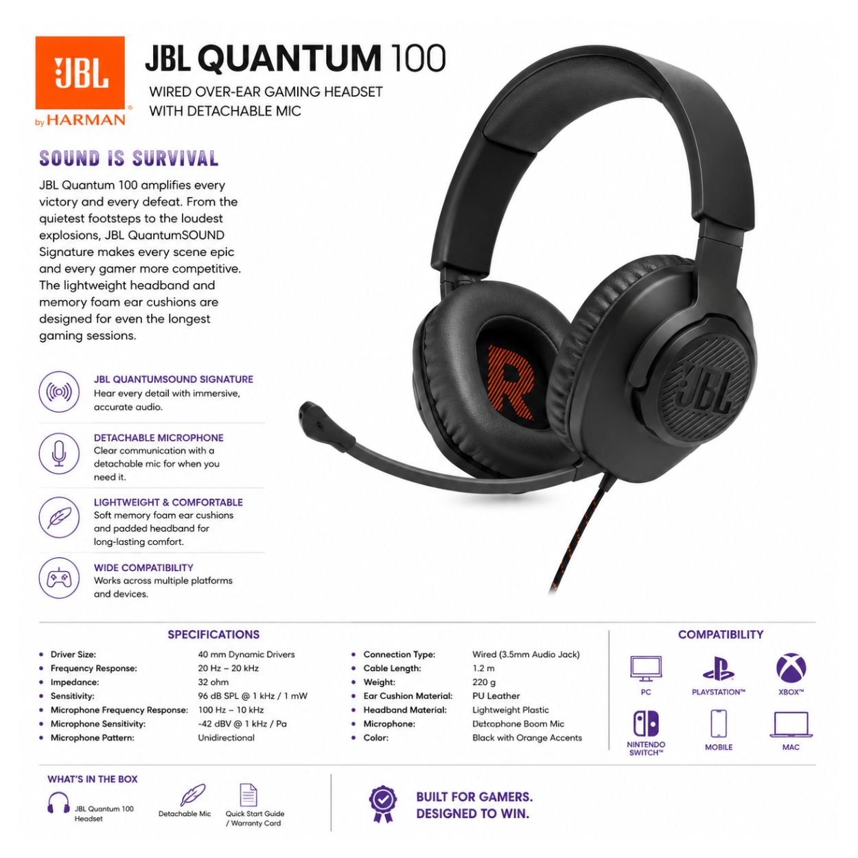 JBL Quantum 100 Wired Gaming Headset - Image 2